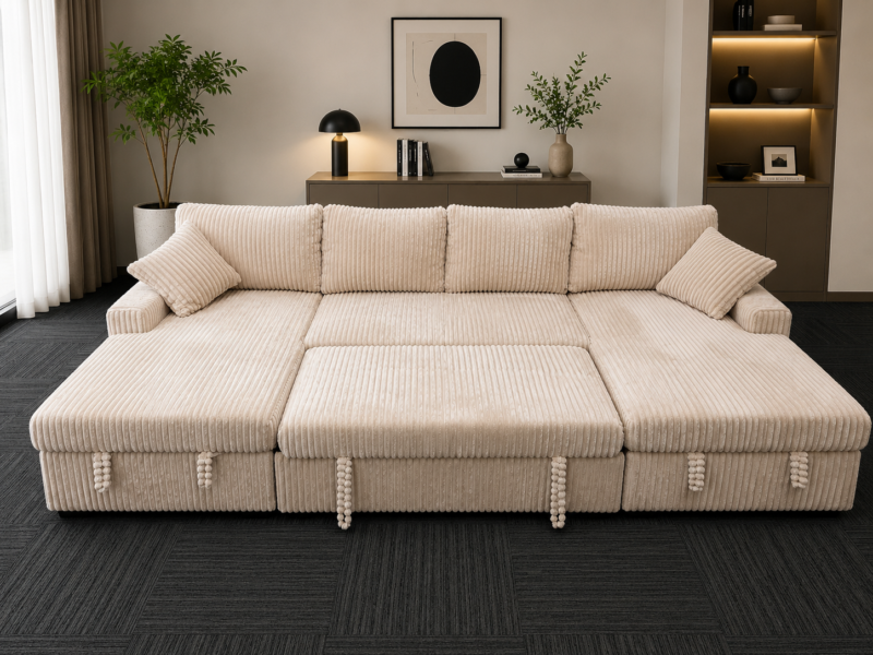 U-Shaped Corduroy Double Chaise Sectional Sofa Bed with Dual Lift-Up Storage & Pull-Out Bed