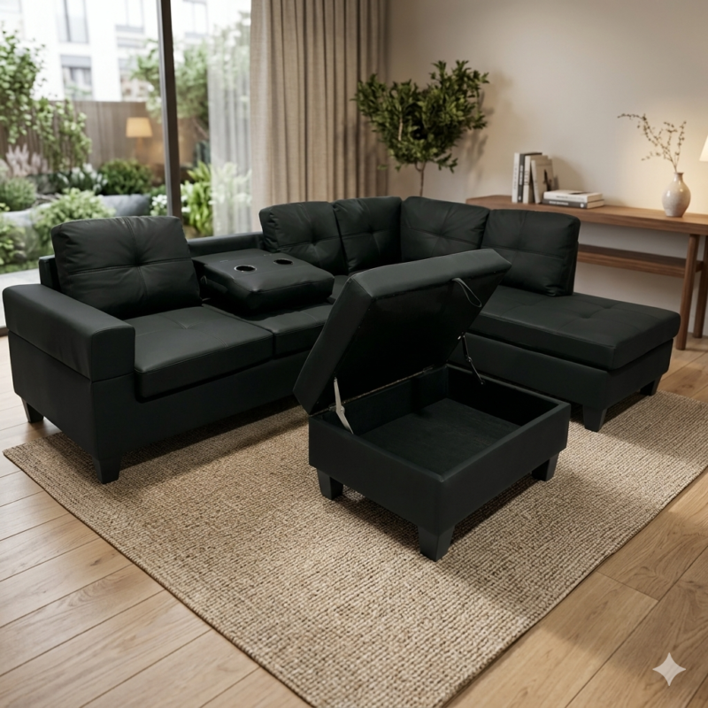 6 Seater Reversible Leather Sectional Sofa with Storage Ottoman, Drop Down Cupholder Tray