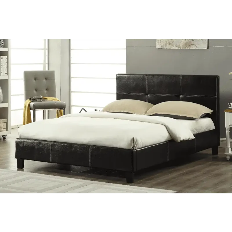 T2358 Solid Wood Grid-Stitch Platform Bed – Grey Linen or Leatherette (Single to King)