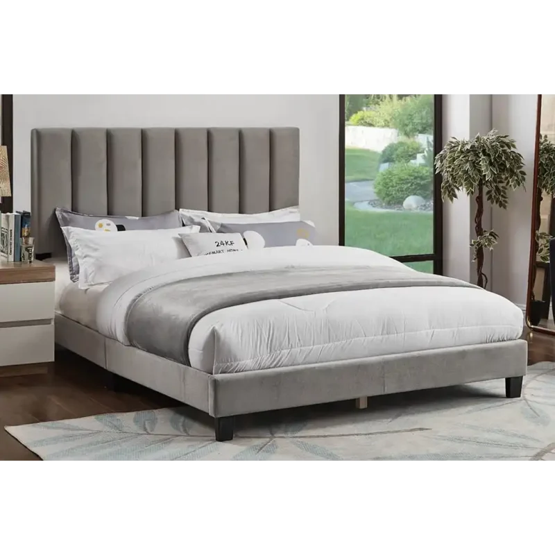 T2118 Vertical-Channel Tufted Velvet Bed – Charcoal or Grey